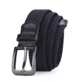 Elastic navy blue braided belt for men featuring a grey metal pin buckle and leather details - 105cm / Navy Blue