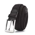 Elastic woven belt in dark brown fabric with silver square buckle and leather trim - 105cm / Coffee
