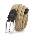 Elastic woven khaki belt for men with brown leather trim and silver metal buckle - 105cm / Beige