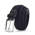 Navy blue elastic woven belt with silver metal pin buckle and black leather details - 105cm / Navy Blue
