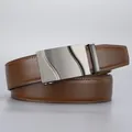 Brown leather belt for men featuring silver automatic buckle with S-wave texture - Style A (Wave Texture) / 120