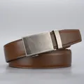 Men's dark brown leather belt with matte silver automatic slide buckle design - Style B (Matte Brushed) / 120
