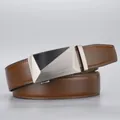 Men's business casual automatic buckle leather belt in medium brown with geometric alloy clasp - Style C (Geometric Faceted) / 120