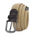 Ceinture tressée élastique kaki avec détails en cuir marron et boucle ardillon - Boucle Noir Fusil Sangle Beige / 105cm