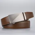 Brown leather belt for men with a brushed silver geometric buckle and stitched edges - Style D (Minimalist Brushed) / 120
