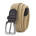 Elastic khaki woven men's belt with dark brown leather ends and silver pin buckle - Gunmetal Buckle Beige