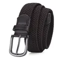 Ceinture tressée élastique marron foncé avec détails cuir et boucle métal brossé - Boucle Noir Fusil Sangle Café / 105cm