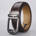 Men's dark brown leather belt with matte gunmetal automatic buckle at a 45-degree angle - Style B (989#) / Coffee / 115cm