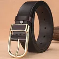 Classic men's brown leather belt with polished gold pin buckle and stitch edge - 105 / Coffee
