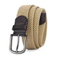 Khaki elastic woven belt with dark brown leather details and silver metal pin buckle - Matte Black Buckle Beige Strap