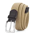 Men's khaki elastic woven belt with silver pin buckle and brown leather joint - 105 / Silver Buckle Beige