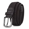 Men's dark brown elastic braided belt with a silver pin buckle and leather details - Matte Black Buckle Coffee Strap
