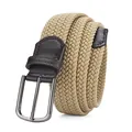 Ceinture tressée élastique kaki avec boucle ardillon en alliage gris argenté et cuir - Boucle Gunmetal Ceinture Beige