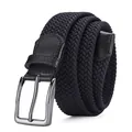Men's black braided elastic stretch belt with silver needle buckle and leather trim - Gunmetal Buckle Navy