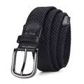 Classic black elastic woven belt with silver metal buckle and premium leather accents - Matte Black Buckle Navy Strap