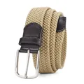 Ceinture tressée élastique kaki avec embouts en cuir marron et boucle ardillon en métal - Boucle Argentée Ceinture Beige
