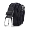 Men's flexible woven stretch belt in solid black with silver pin buckle and leather detail - Silver Buckle Navy