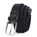 Ceinture tressée noire élastique avec boucle ardillon argentée et détails en cuir noir - Boucle Argentée Ceinture Marine