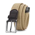 Ceinture tressée élastique kaki pour homme avec finitions en cuir marron et boucle métal - Boucle Gunmetal Beige