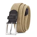 Ceinture tressée extensible kaki pour hommes avec détails en cuir brun et boucle en métal argent - Boucle Argent Beige