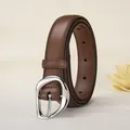 Women's minimalist brown leather belt with silver oval buckle for jeans and dresses - 105cm / Brown