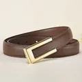 Deep brown leather belt with a polished gold geometric buckle for elegant dresses - 95cm / Caramel color