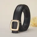 Women's minimalist black leather belt featuring a matte gold square metal buckle detail - 100cm / Black