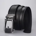 Men's premium black leather belt with lychee texture and grey alloy automatic buckle - Style E