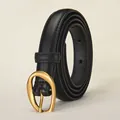 Slim black leather belt for women featuring an oval matte gold metal pin buckle - 105cm / Black