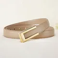 Elegant beige leather waist belt with gold rectangular buckle and white stitching details - 95cm / Khaki
