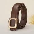 Dark brown leather belt for women featuring a gold rectangular buckle and stitched edges - 100cm / Caramel color