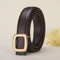Deep brown leather belt with matte gold buckle and elegant lychee texture finish - 100cm / Brown