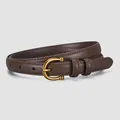 Dark brown leather skinny belt for women with golden D-ring buckle and fine stitching - 105cm / Coffee
