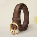 Brown leather waist belt for women with vintage gold oval buckle and stitched edges - 105cm / Brown