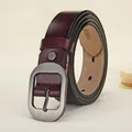 Deep reddish brown leather belt for women with brushed silver oval pin buckle, 105cm size - 105cm / Red Brown