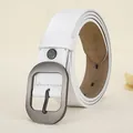 White genuine leather belt with a dark grey brushed metal D-ring buckle for women - 105cm / White
