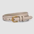 Elegant greige leather slim belt for women featuring a matte gold horseshoe buckle - 105cm / Khaki