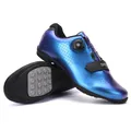 Iridescent blue cycling shoes with rotary buckle and breathable laser-cut holes - 38 / Flat Sole Style (Non-Cleated) / Fantasy Blue