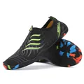 Black barefoot water shoes with neon green graphics and colorful splatter rubber soles - 35 / Black and Fluorescent Green