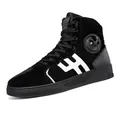 High-top black suede motorcycle boots with white side stripes and protective rubber soles - Black / EU 37