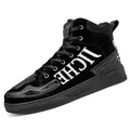 All-black high-top motorcycle boots for men with TICHE white embroidery and thick rubber sole - EU 45 / Black Silver Gray (1141)