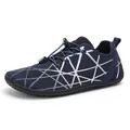Minimalist wide-toe barefoot sneakers in navy blue with breathable mesh and silver lines - Blue