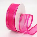 Rose pink 4cm wide organza ribbon with gold metallic edges on a white spool - Rose Red