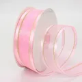 Light pink chiffon ribbon with gold metallic edges for hair bows and gift wrapping - Pink
