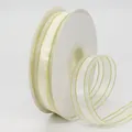 Elegant 2.5cm cream ribbon with gold metallic edges on a white spool for DIY gift wrapping - Beige