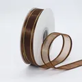 2.5cm dark brown chiffon ribbon with gold edges on white spool for hair DIY floral craft - Coffee with Gold Edge