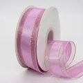 Pink sheer organza ribbon with golden edges on white spool for gift wrapping - 4cm / Purple Pink