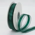 Deep green mesh organza ribbon with satin center stripe on white spool for gift wrapping - Dark Green