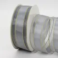 Silver-grey organza ribbon with three gold metallic stripes on a white roll for DIY crafts - 4cm / Gray