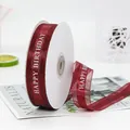 2.2cm wide burgundy organza ribbon with white Happy Birthday print for gift wrapping - Happy Birthday / Burgundy